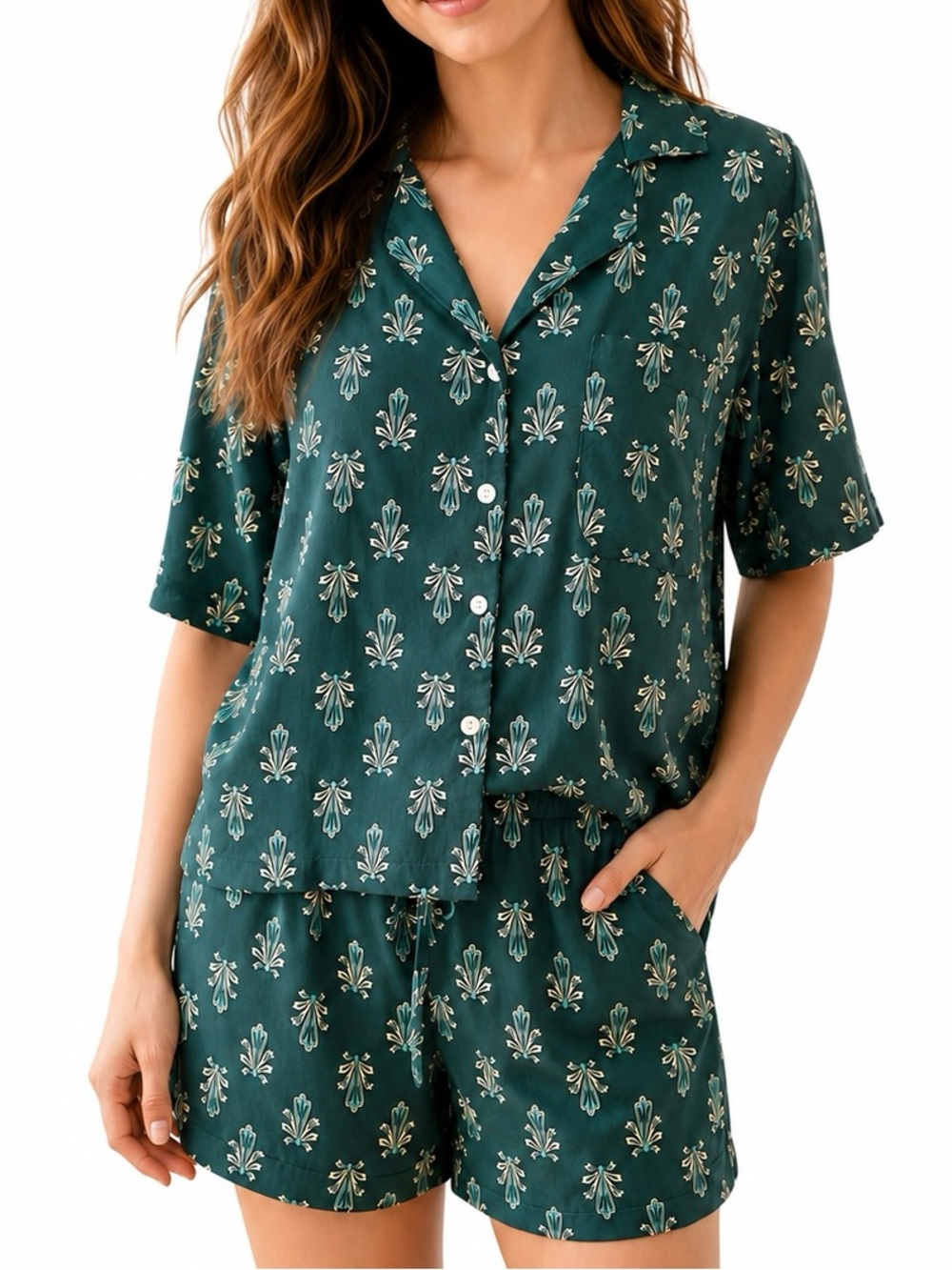 Rachel Zoe Teal Art Deco Pajama Set M Button Front Shorts Jewel Tone Sleepwear